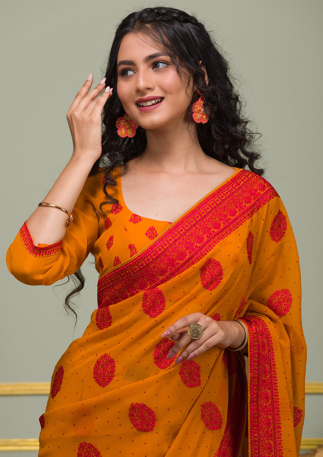 Mustard Threadwork Georgette Saree-Koskii