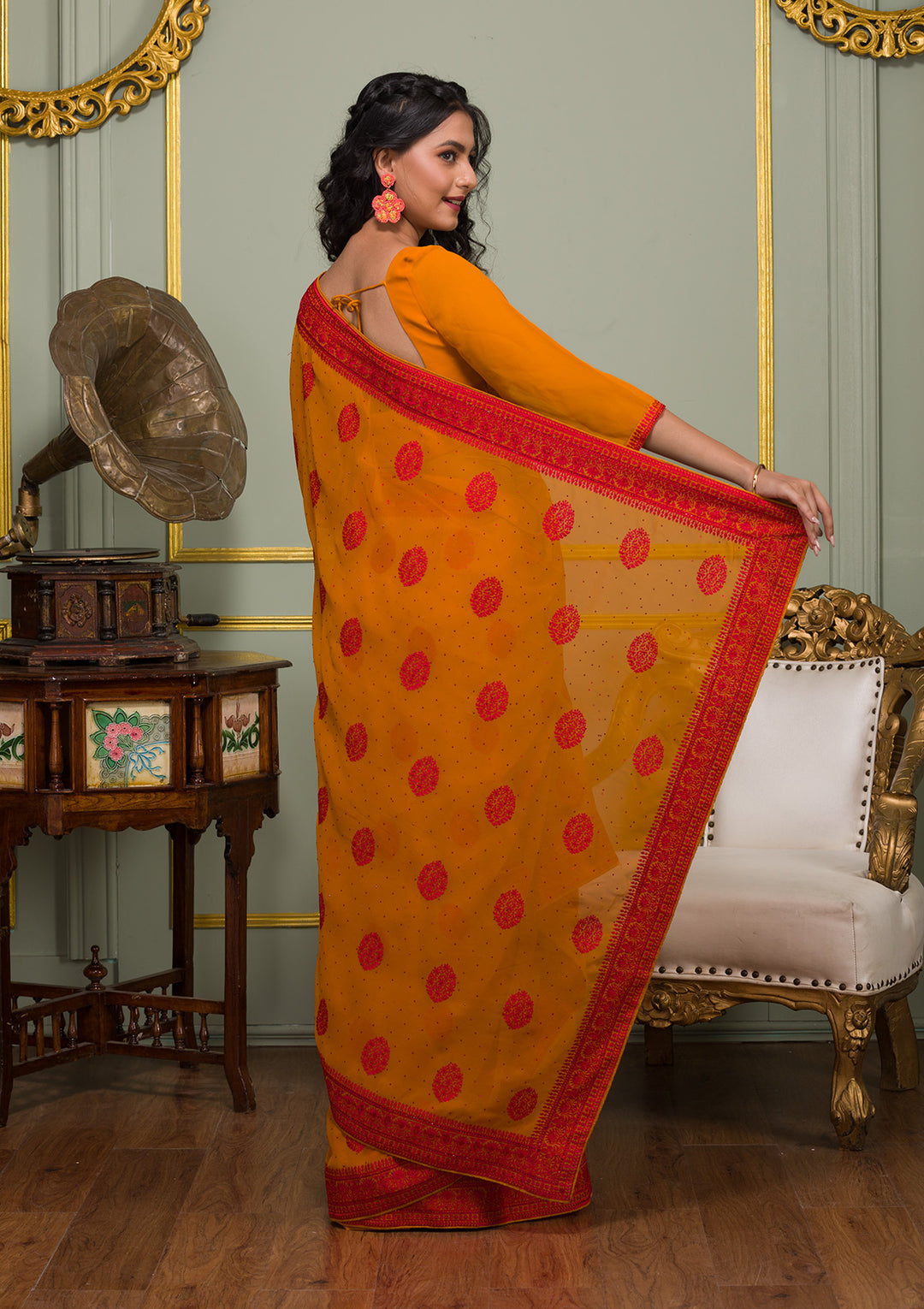 Mustard Threadwork Georgette Saree-Koskii