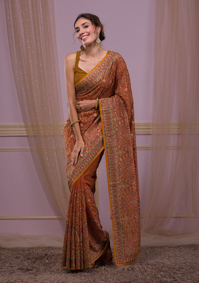 Mustard Threadwork Georgette Saree-Koskii