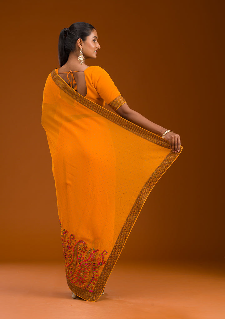Mustard Threadwork Georgette Saree