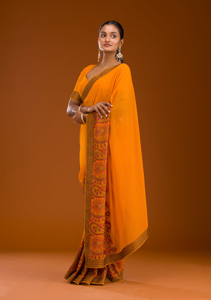 Mustard Threadwork Georgette Saree