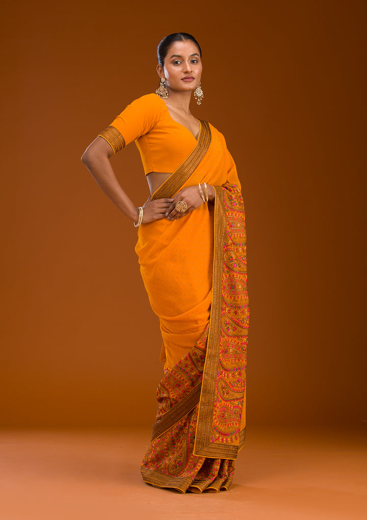 Mustard Threadwork Georgette Saree