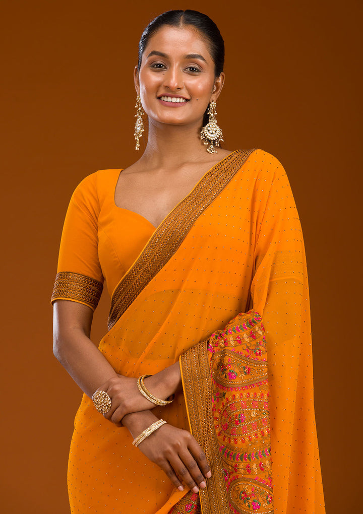 Mustard Threadwork Georgette Saree
