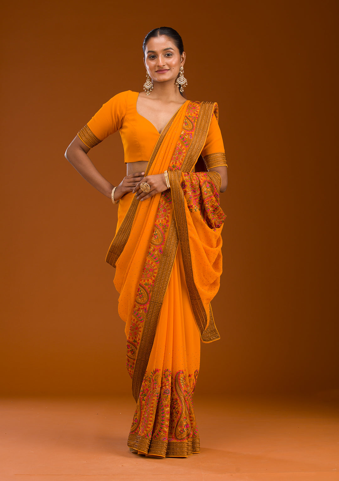 Mustard Threadwork Georgette Saree