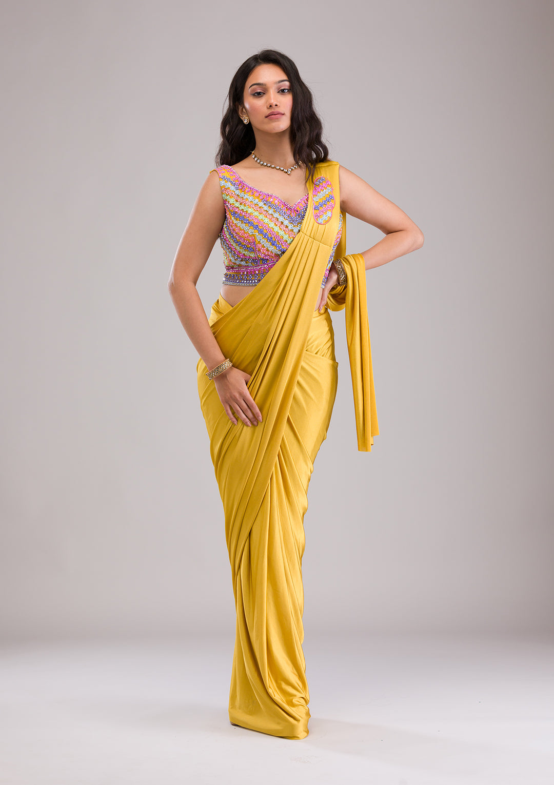 Yellow Dress for Haldi: Make Your Special Day Stunning 2024 2 koskii mustard threadwork lycra designer saree