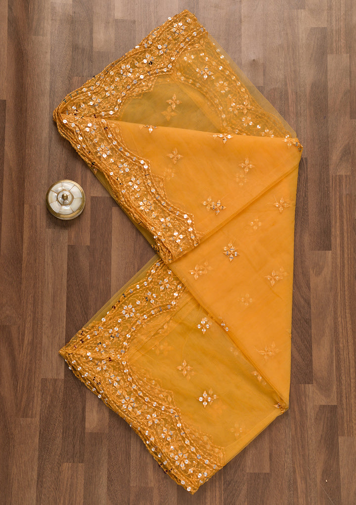 Mustard Threadwork Net Dupatta-Koskii