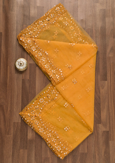 Mustard Threadwork Net Dupatta-Koskii