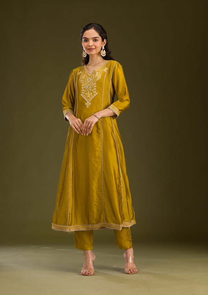 Mustard Threadwork Raw Silk Readymade Salwar Suit