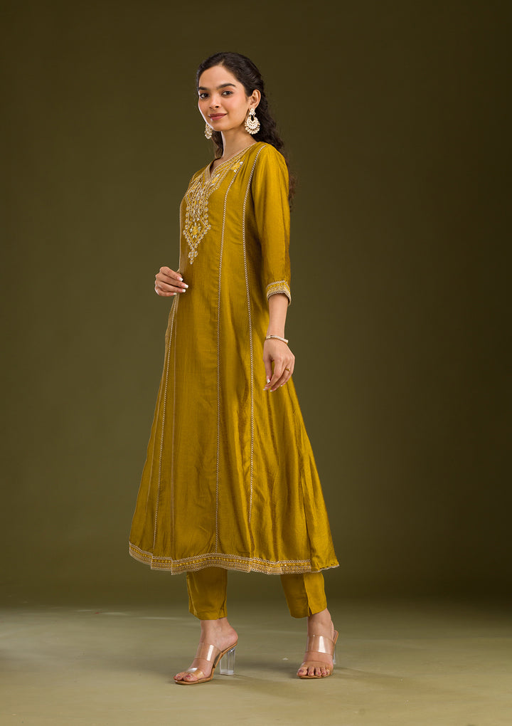 Mustard Threadwork Raw Silk Readymade Salwar Suit