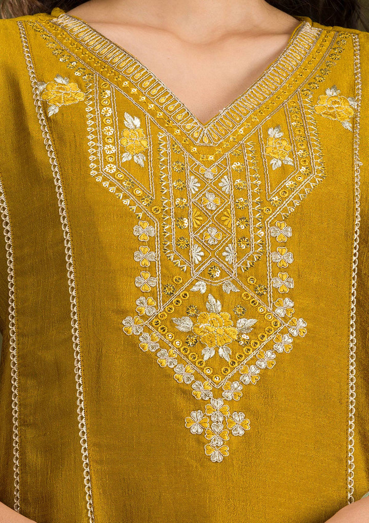 Mustard Threadwork Raw Silk Readymade Salwar Suit
