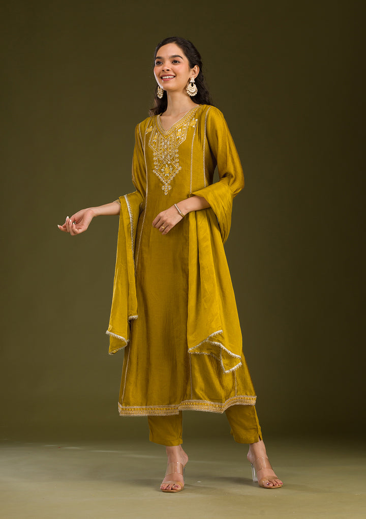 Mustard Threadwork Raw Silk Readymade Salwar Suit