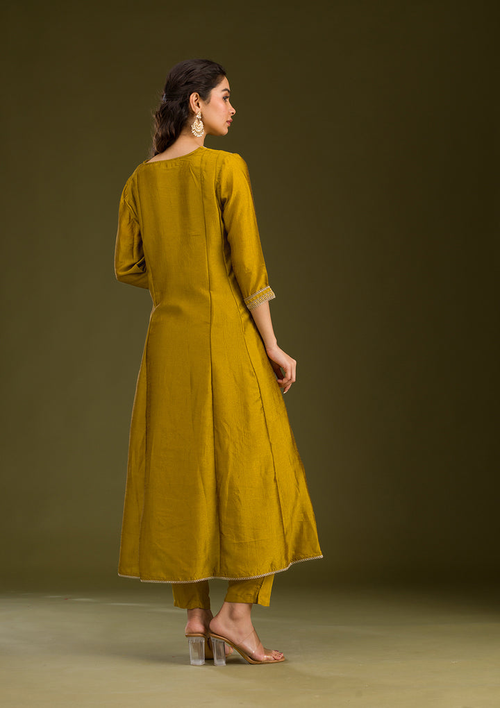 Mustard Threadwork Raw Silk Readymade Salwar Suit