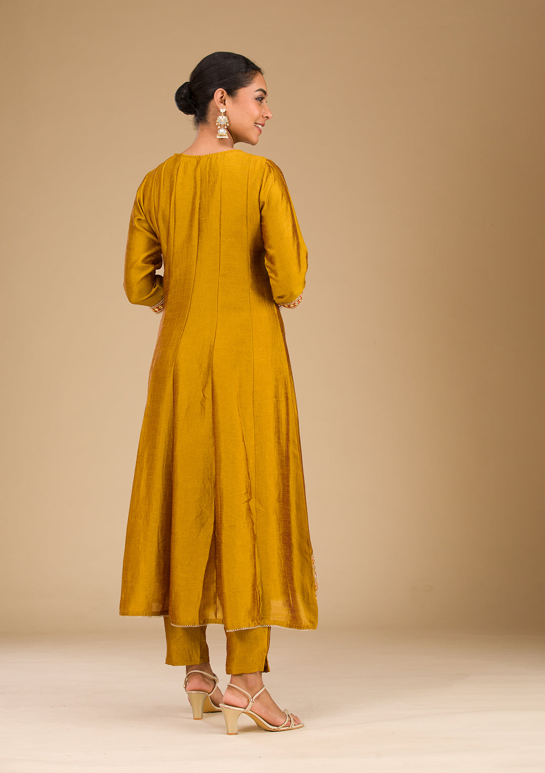 Mustard Threadwork Raw Silk Readymade Salwar Suit