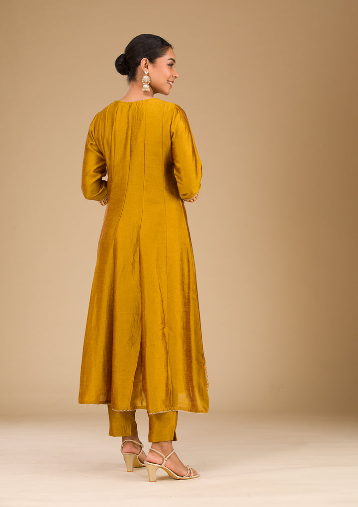 Mustard Threadwork Raw Silk Readymade Salwar Suit