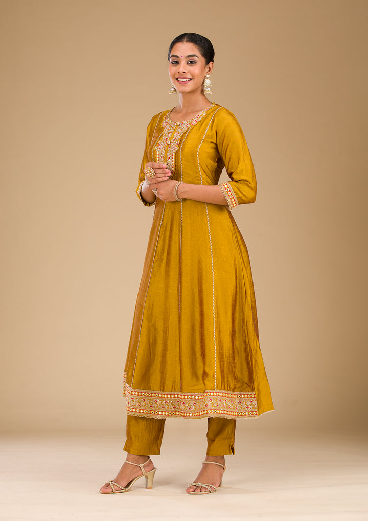 Mustard Threadwork Raw Silk Readymade Salwar Suit