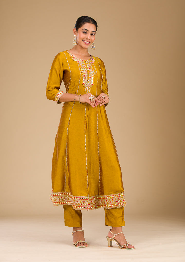 Mustard Threadwork Raw Silk Readymade Salwar Suit