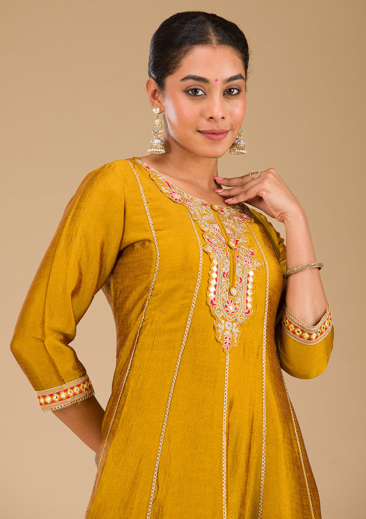 Mustard Threadwork Raw Silk Readymade Salwar Suit