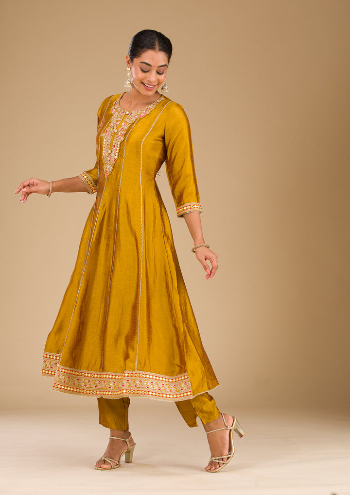 Mustard Threadwork Raw Silk Readymade Salwar Suit