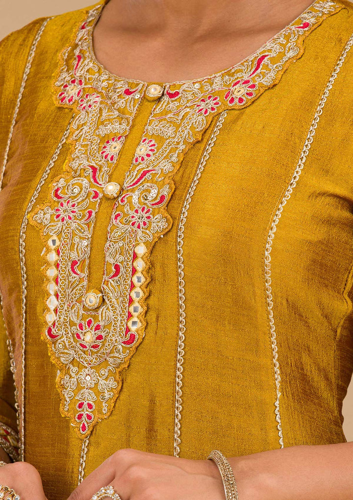 Mustard Threadwork Raw Silk Readymade Salwar Suit