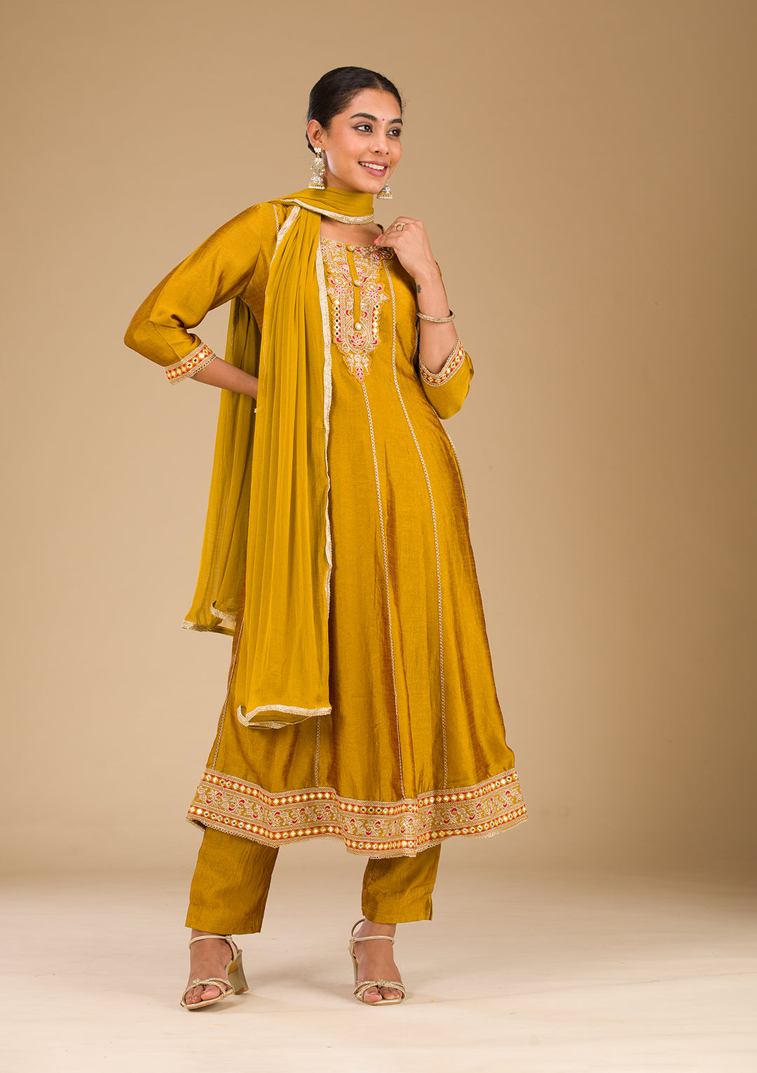 Mustard Threadwork Raw Silk Readymade Salwar Suit