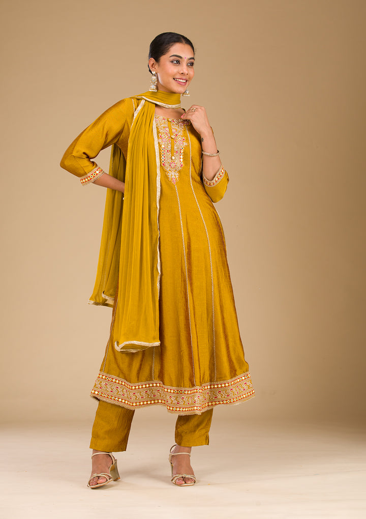 Mustard Threadwork Raw Silk Readymade Salwar Suit
