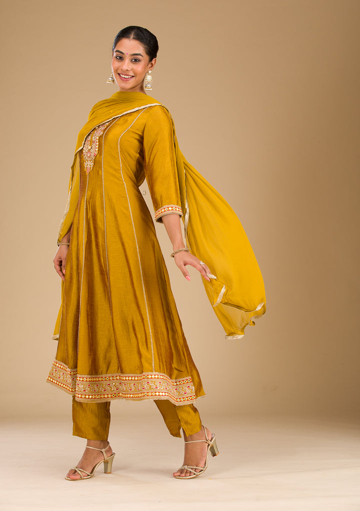 Mustard Threadwork Raw Silk Readymade Salwar Suit