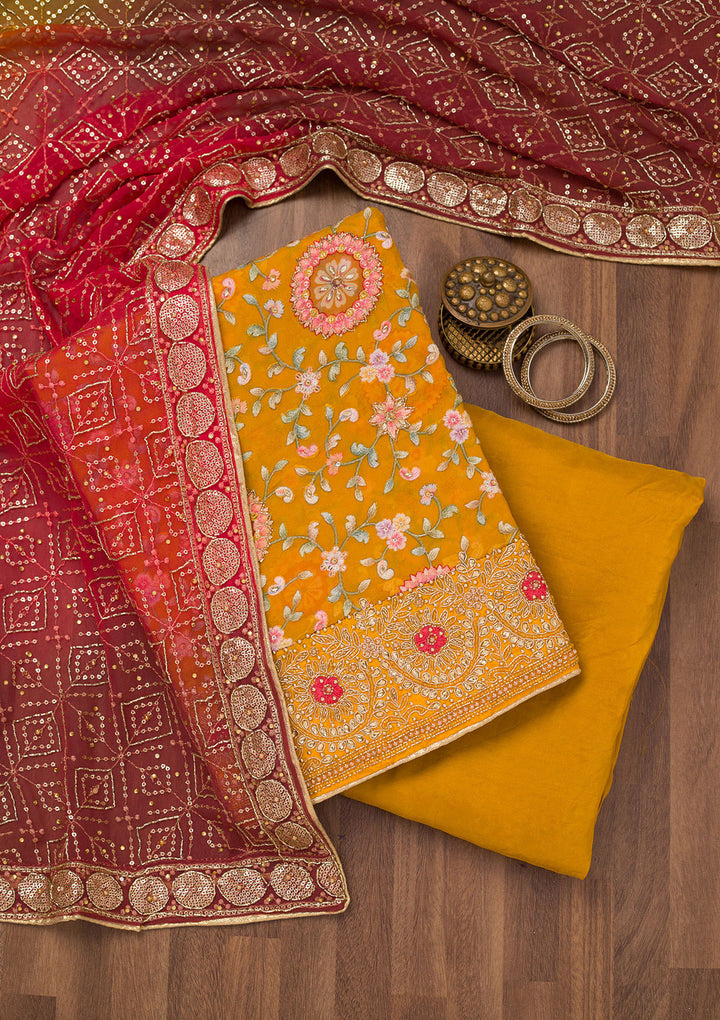 Mustard Threadwork Semi Crepe Unstitched Salwar Suit