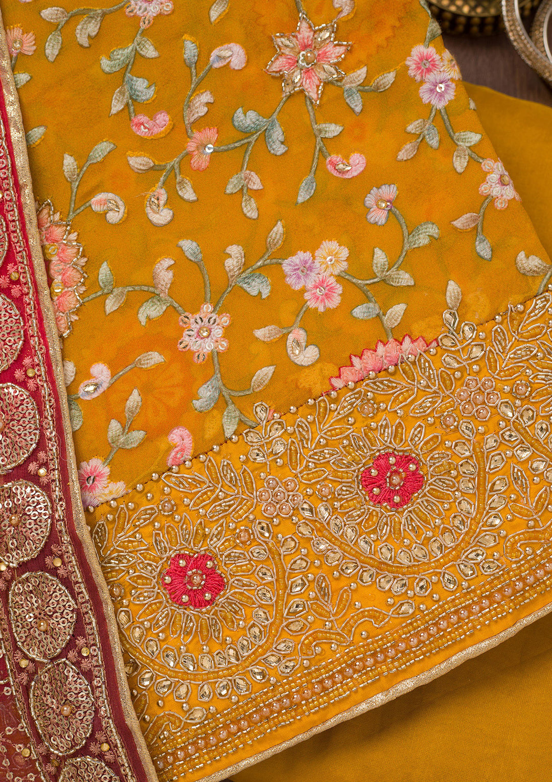 Mustard Threadwork Semi Crepe Unstitched Salwar Suit