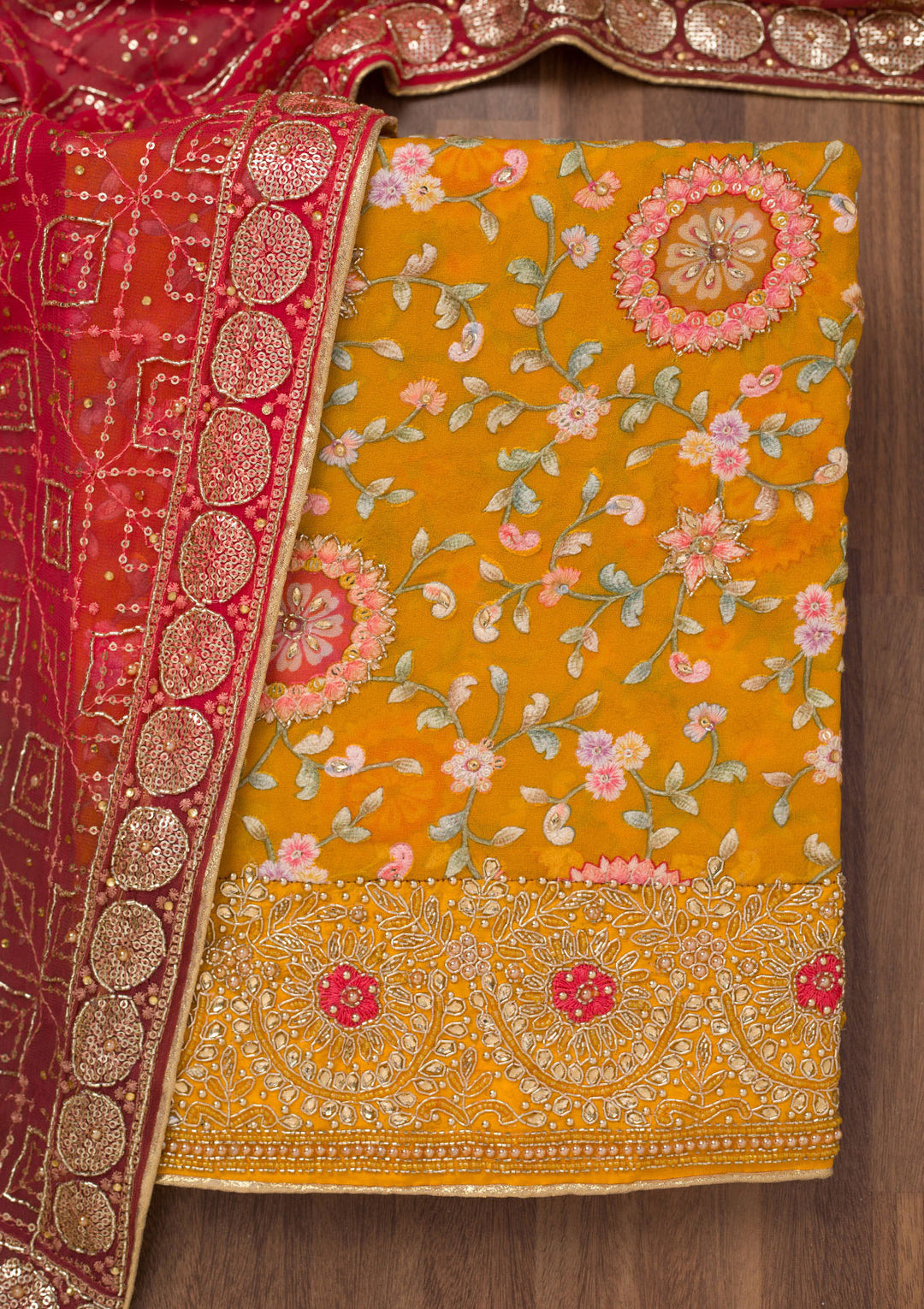 Mustard Threadwork Semi Crepe Unstitched Salwar Suit