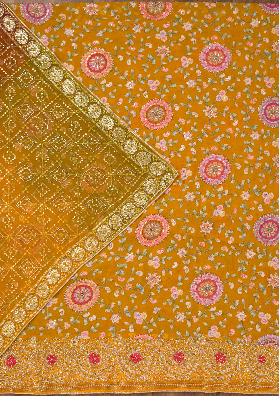 Mustard Threadwork Semi Crepe Unstitched Salwar Suit