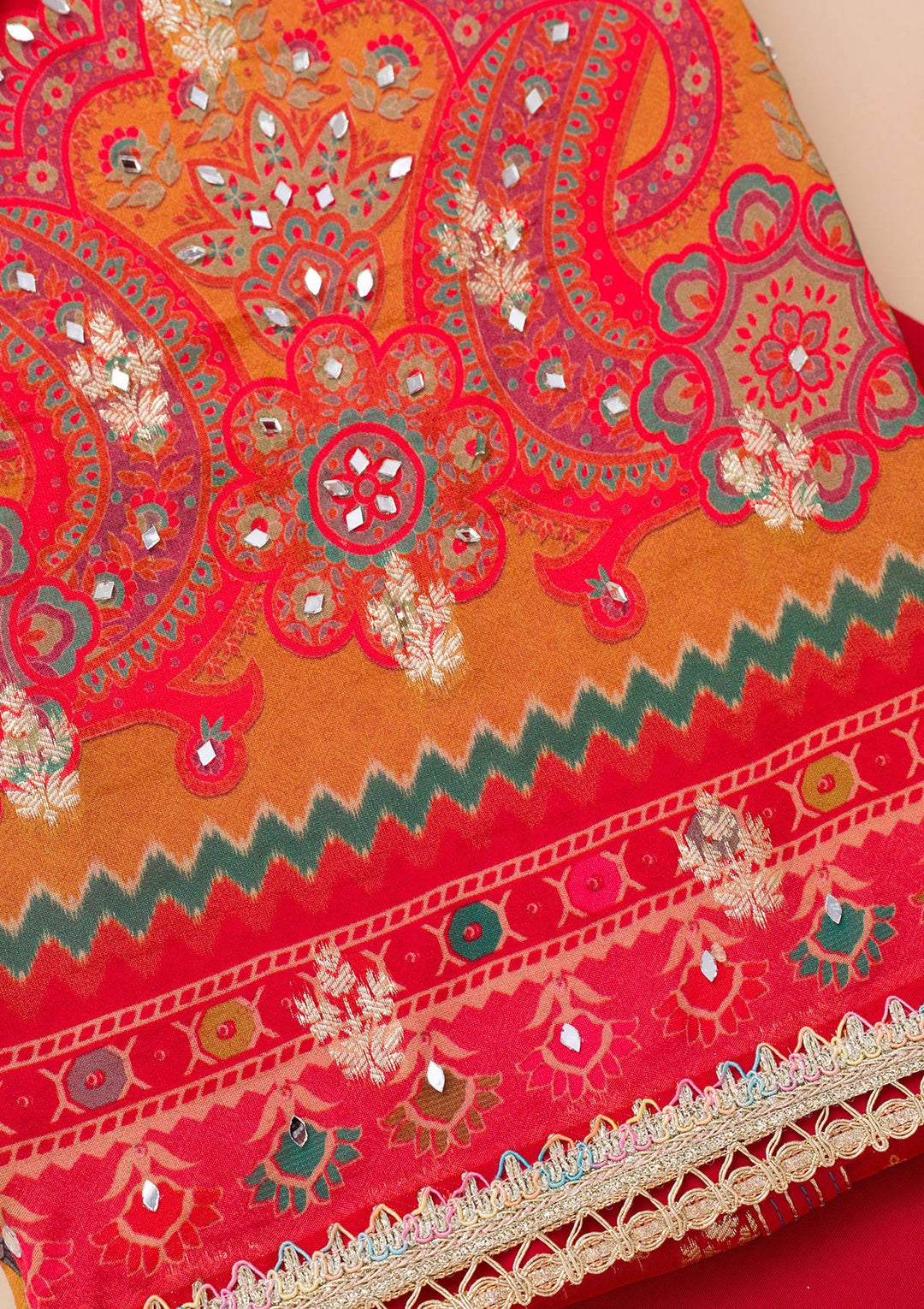 Mustard Threadwork Semi Crepe Unstitched Salwar Suit