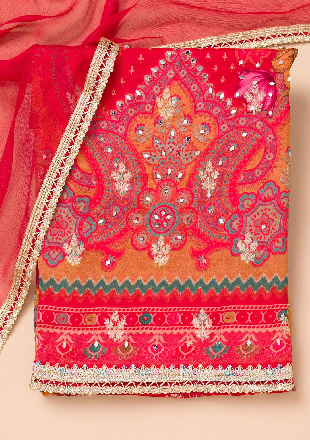Mustard Threadwork Semi Crepe Unstitched Salwar Suit