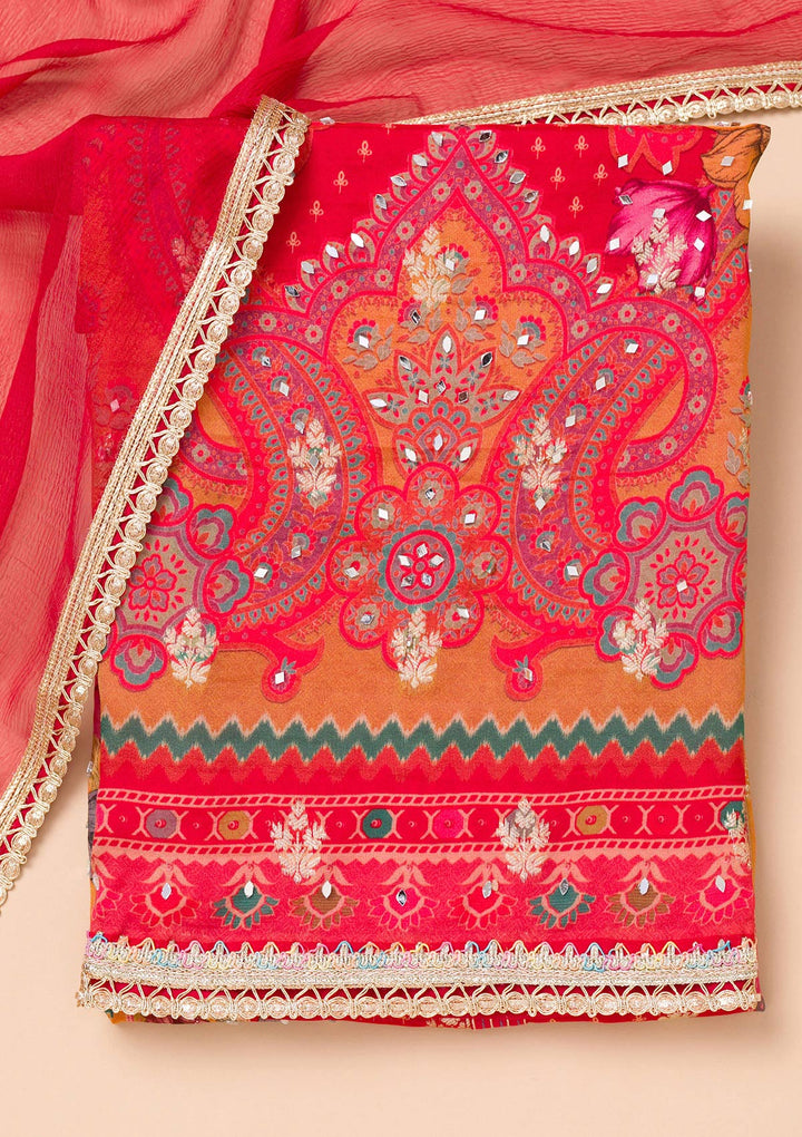 Mustard Threadwork Semi Crepe Unstitched Salwar Suit