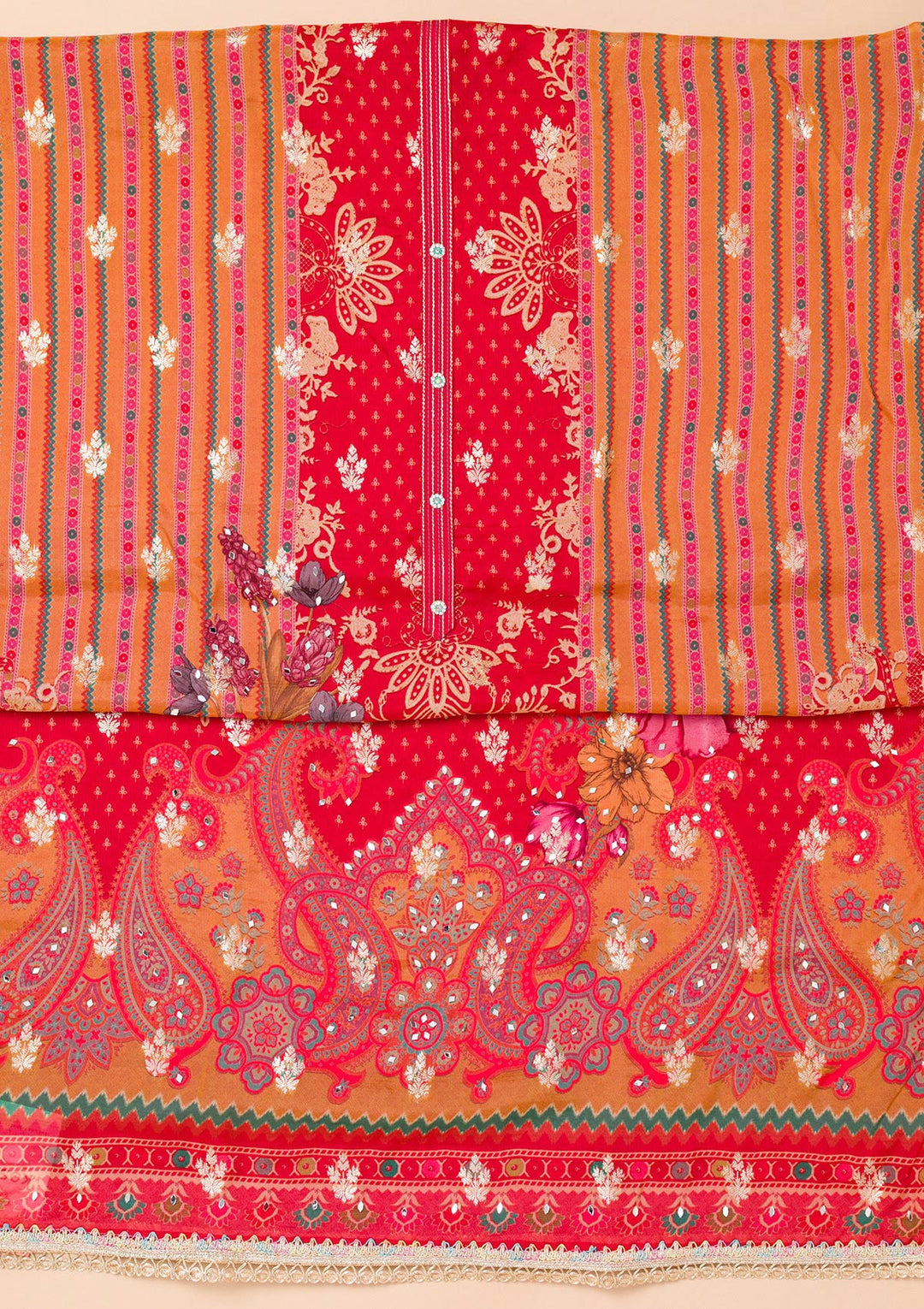 Mustard Threadwork Semi Crepe Unstitched Salwar Suit