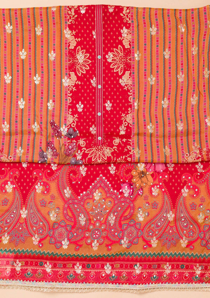 Mustard Threadwork Semi Crepe Unstitched Salwar Suit