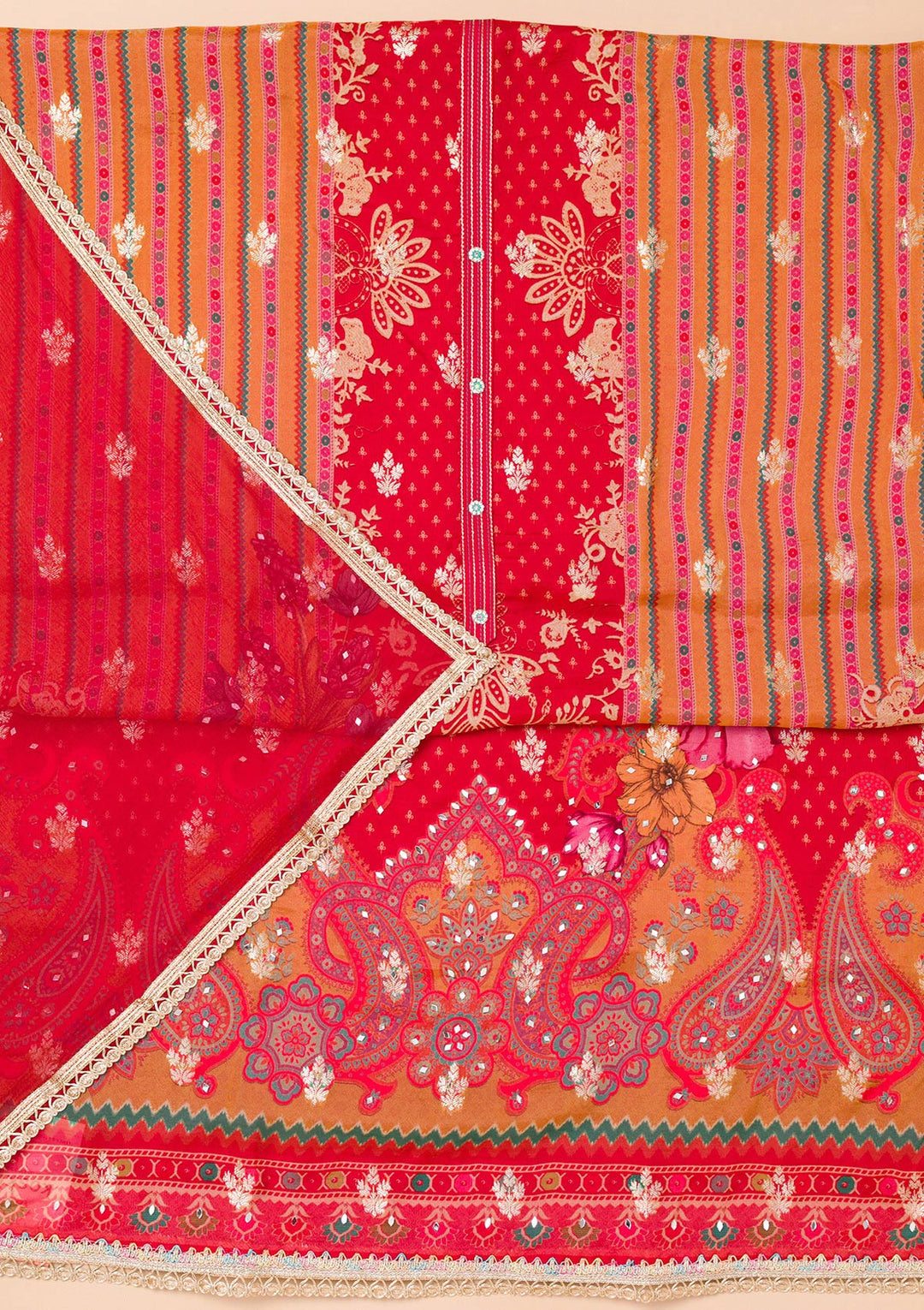 Mustard Threadwork Semi Crepe Unstitched Salwar Suit