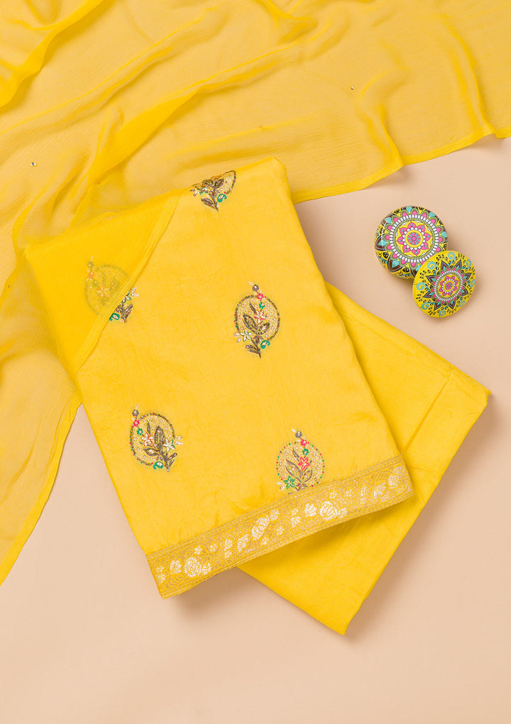Yellow Threadwork Semi Crepe Unstitched Salwar Suit