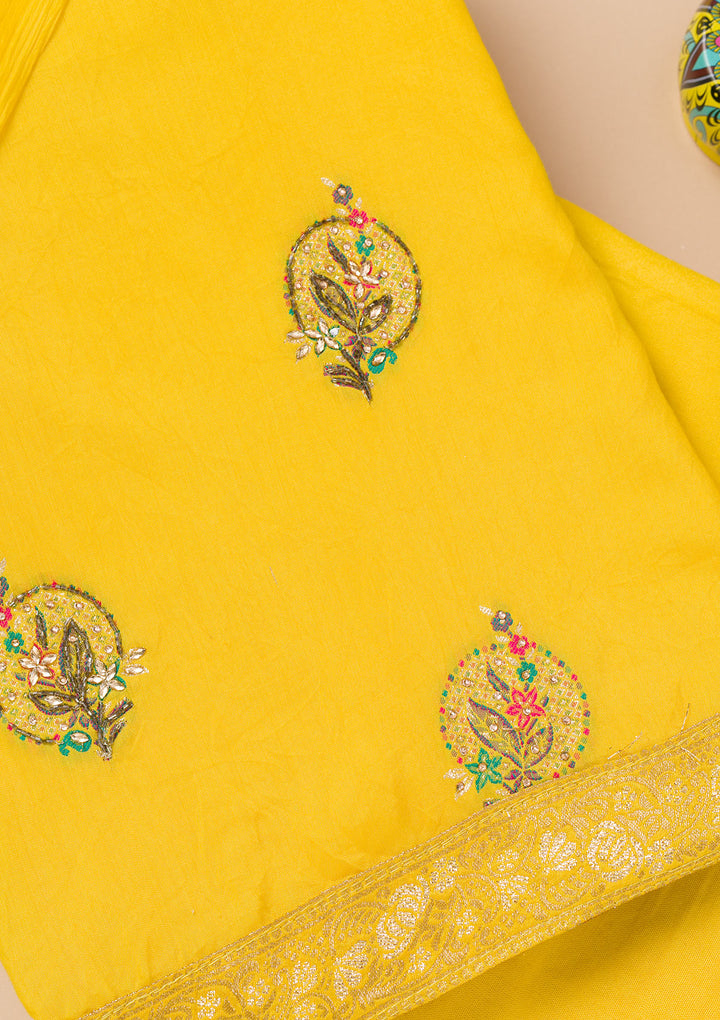 Yellow Threadwork Semi Crepe Unstitched Salwar Suit