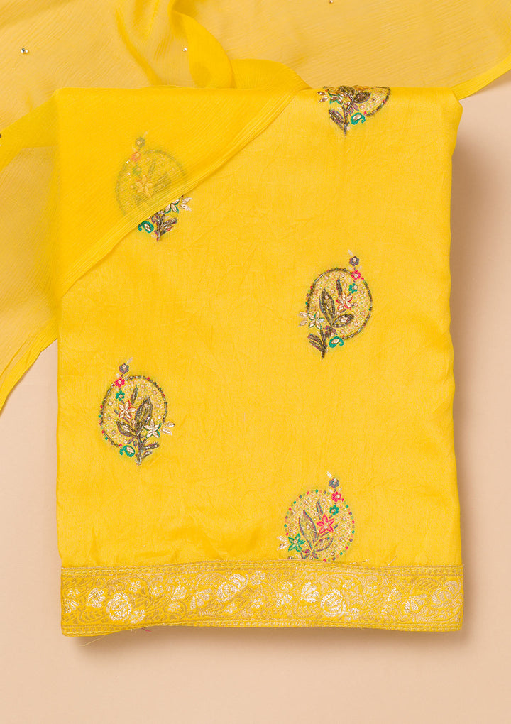 Yellow Threadwork Semi Crepe Unstitched Salwar Suit