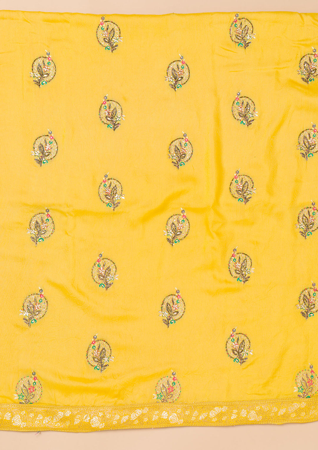Yellow Threadwork Semi Crepe Unstitched Salwar Suit