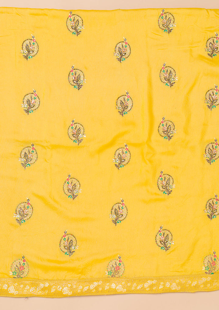Yellow Threadwork Semi Crepe Unstitched Salwar Suit