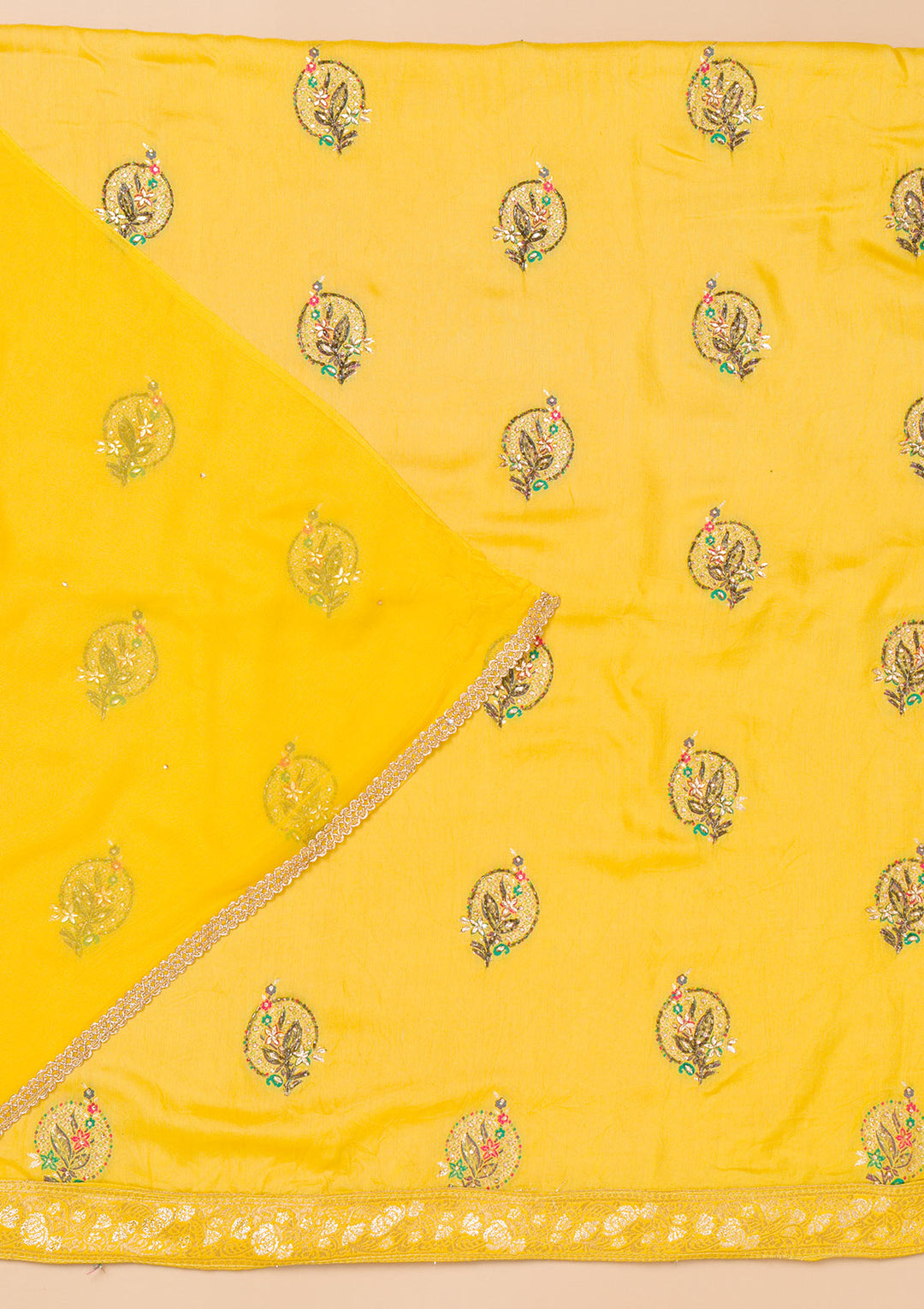 Yellow Threadwork Semi Crepe Unstitched Salwar Suit