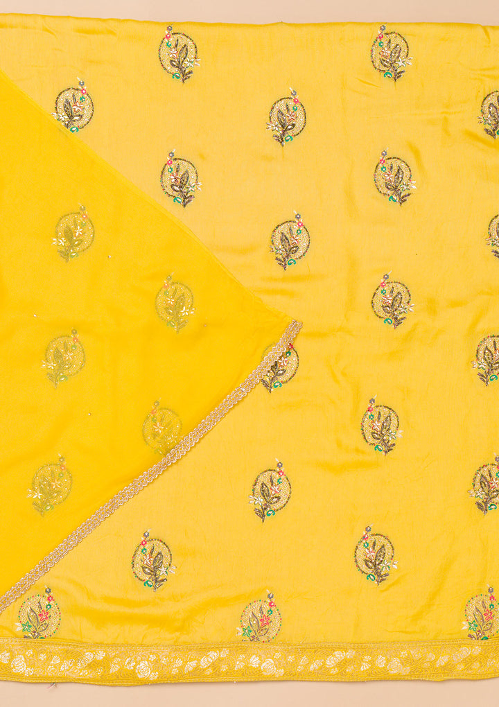 Yellow Threadwork Semi Crepe Unstitched Salwar Suit