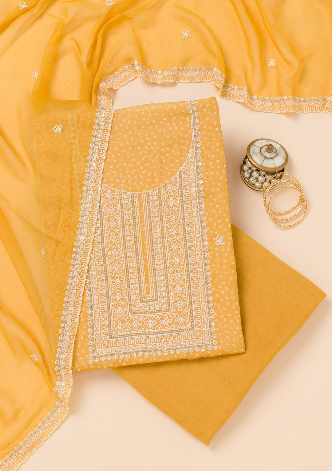 Mustard Threadwork Semi Crepe Unstitched Salwar Suit