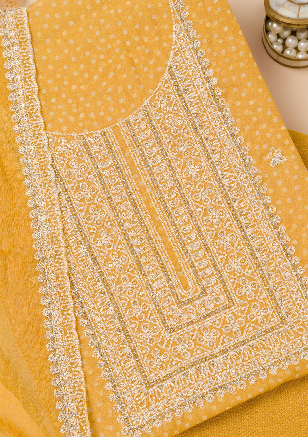 Mustard Threadwork Semi Crepe Unstitched Salwar Suit