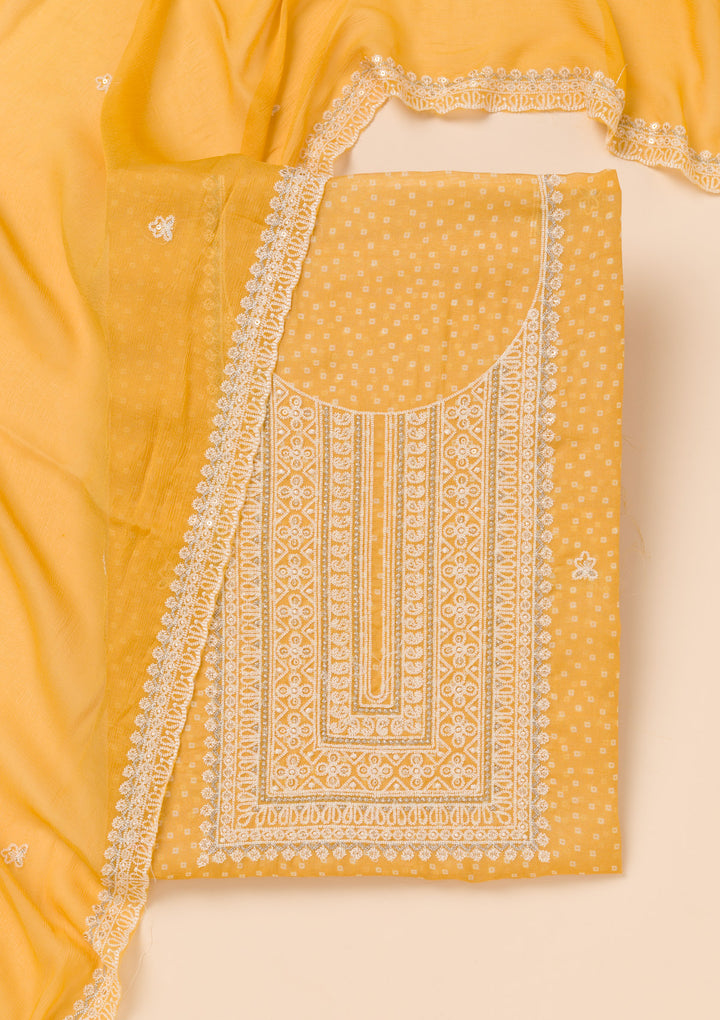 Mustard Threadwork Semi Crepe Unstitched Salwar Suit