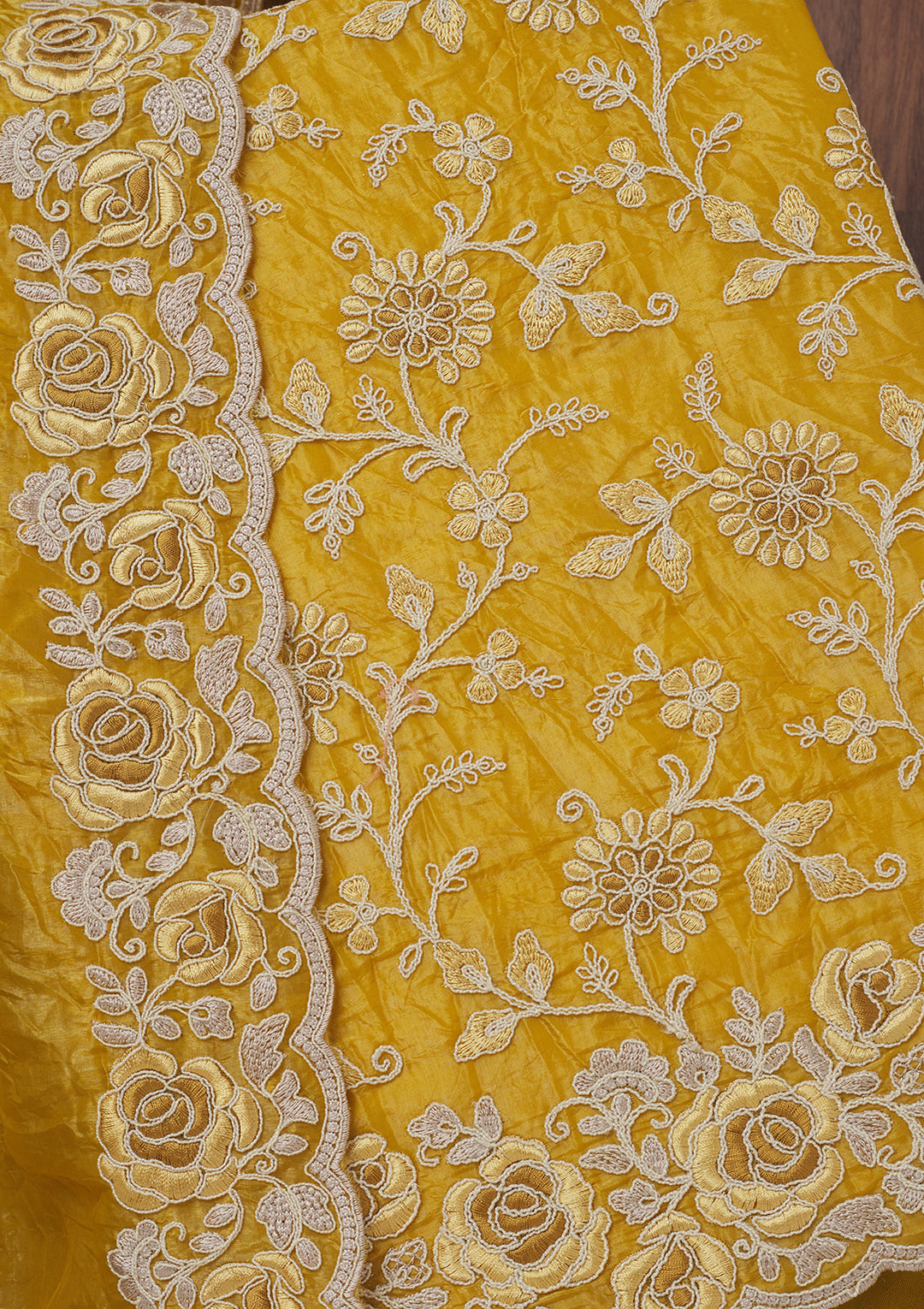 Mustard Threadwork Semi Crepe Unstitched Salwar Suit