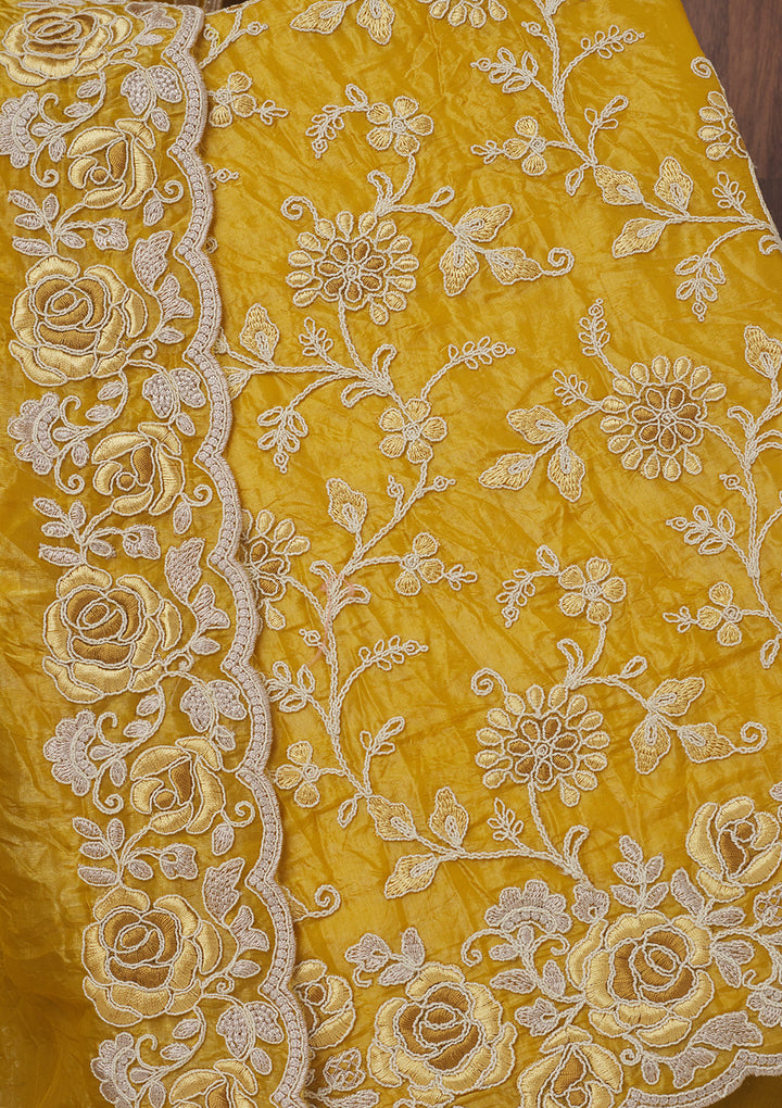 Mustard Threadwork Semi Crepe Unstitched Salwar Suit