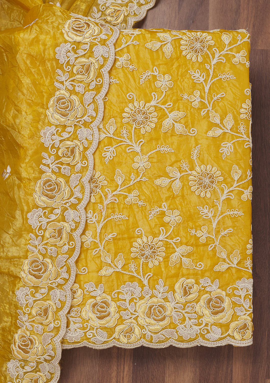 Mustard Threadwork Semi Crepe Unstitched Salwar Suit
