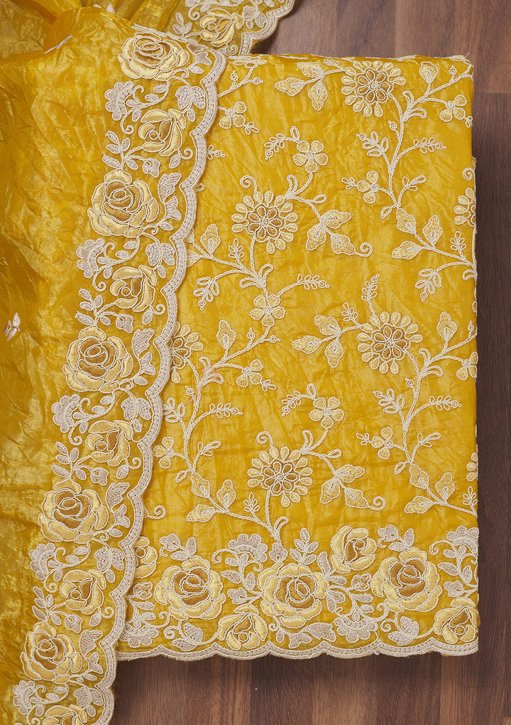 Mustard Threadwork Semi Crepe Unstitched Salwar Suit